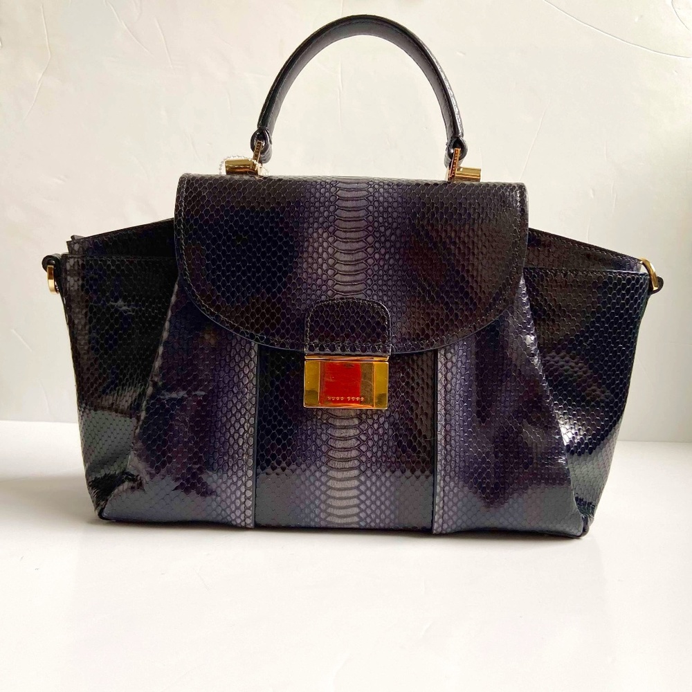 HUGO BOSS NAVY BLUE SNAKESKIN LEATHER TOP HANDLE CONVERTIBLE CROSSBODY HANDBAG